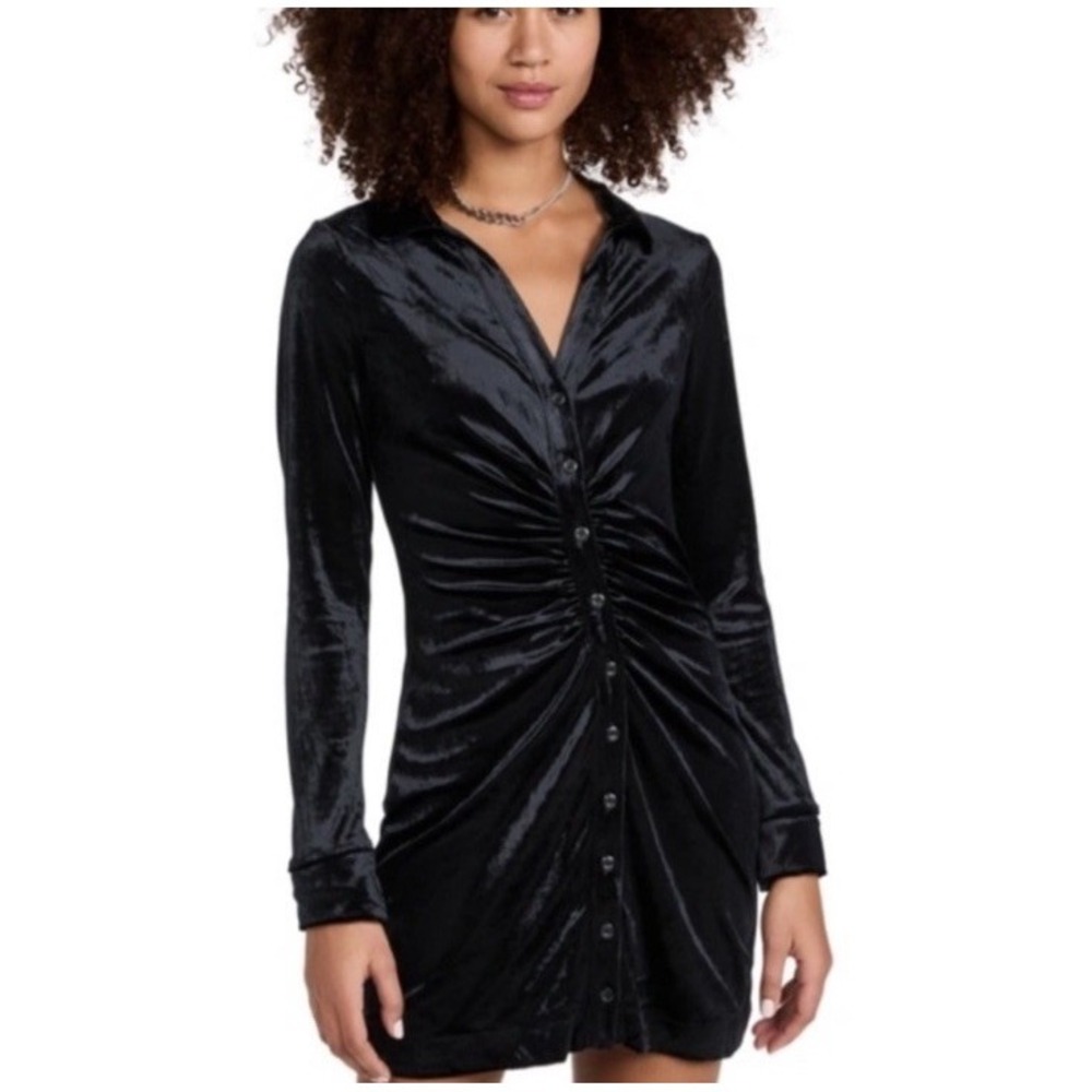 Free People Black Velvet Ruched Mini Dress XS Long Sleeve‎